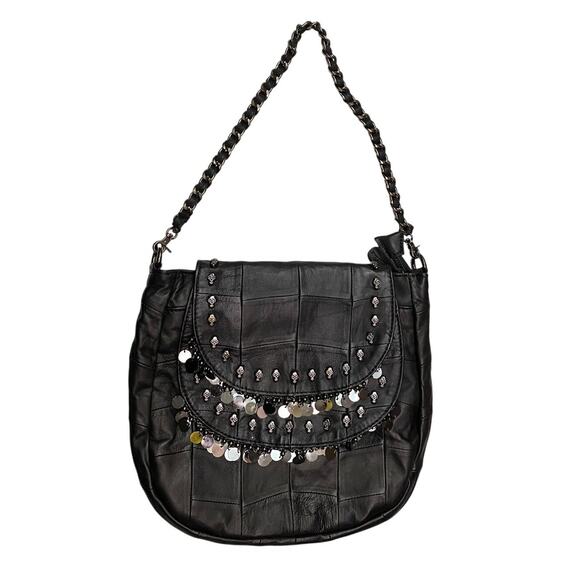 Black Leather Skull Shoulder Bag with Beaded Fringe Detail Boho Style - Picture 1 of 11